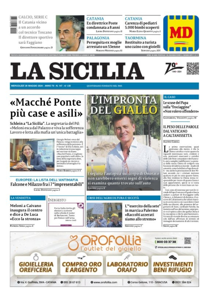 Prima-pagina-la-sicilia-edizione-palermo-di-oggi-29-05-2024