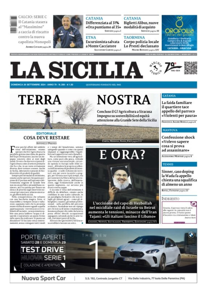 Prima-pagina-la-sicilia-edizione-palermo-di-oggi-29-09-2024