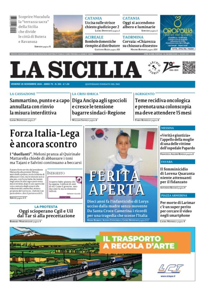 Prima-pagina-la-sicilia-edizione-palermo-di-oggi-29-11-2024