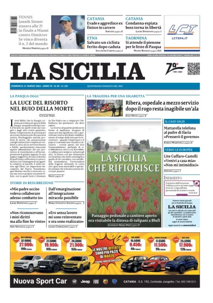 Prima-pagina-la-sicilia-edizione-palermo-di-oggi-31-03-2024