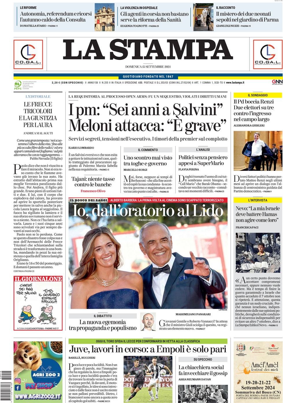 Prima-pagina-la-stampa-edizione-di-oggi-15-09-2024