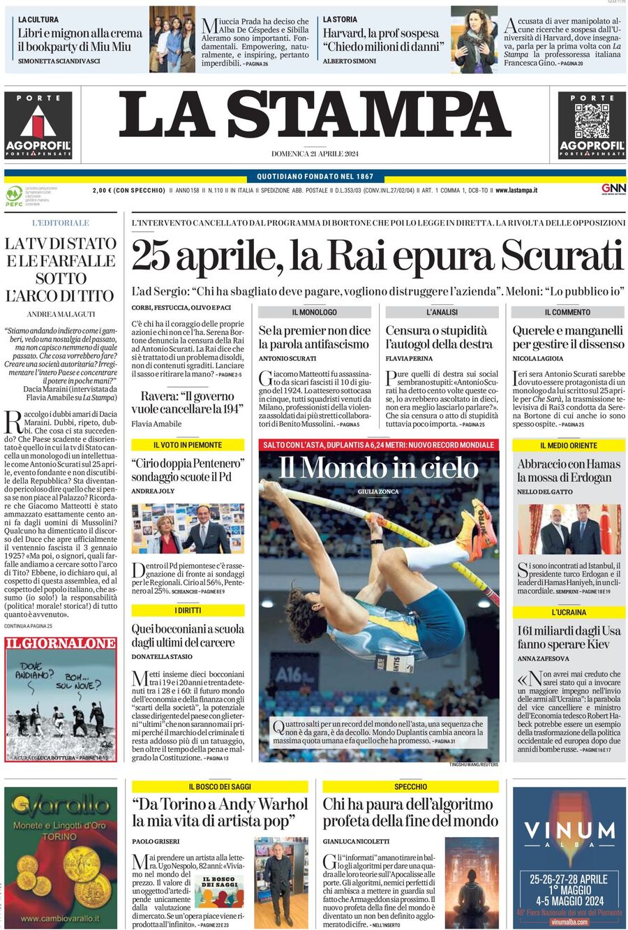 Prima-pagina-la-stampa-edizione-di-oggi-21-04-2024