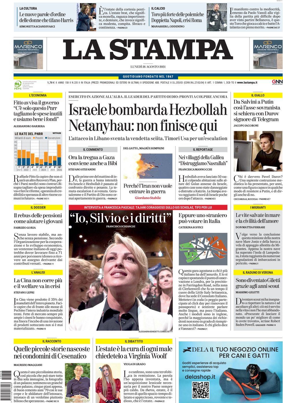 Prima-pagina-la-stampa-edizione-di-oggi-26-08-2024