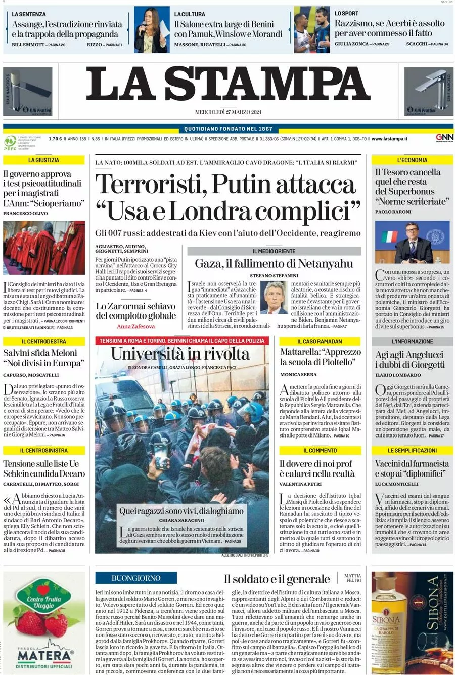 Prima-pagina-la-stampa-edizione-di-oggi-27-03-2024