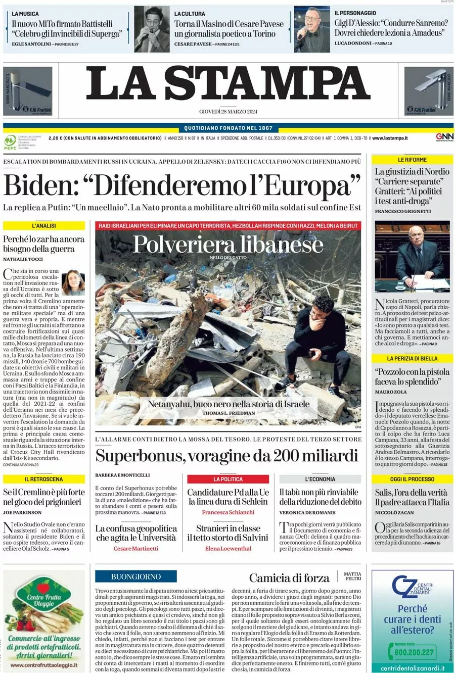 Prima-pagina-la-stampa-edizione-di-oggi-28-03-2024