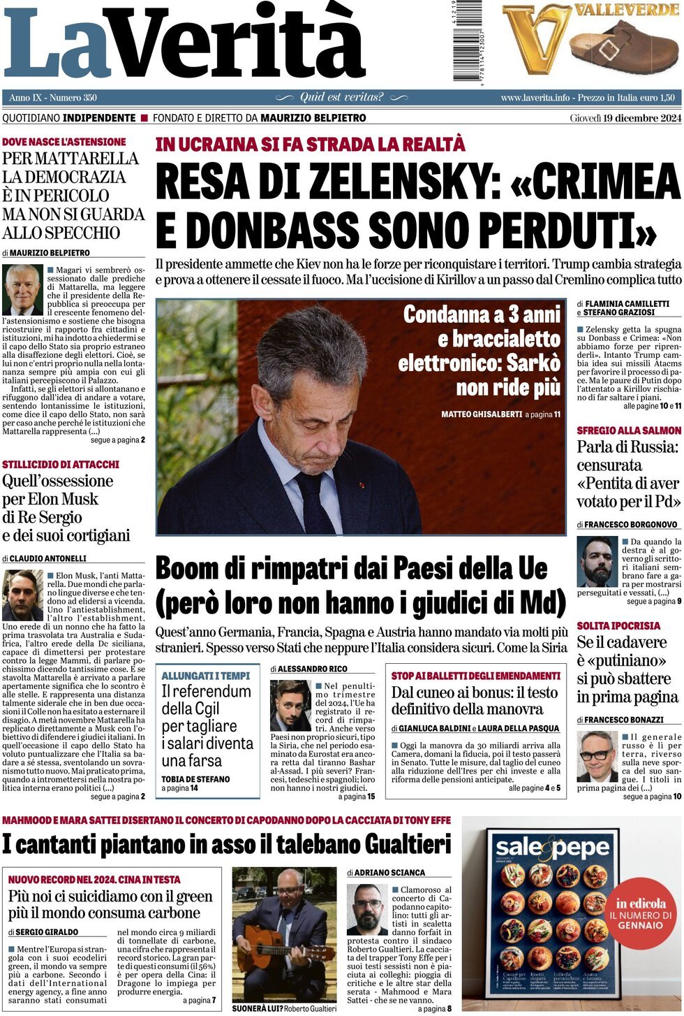 Prima-pagina-la-verita-edizione-di-oggi-19-12-2024