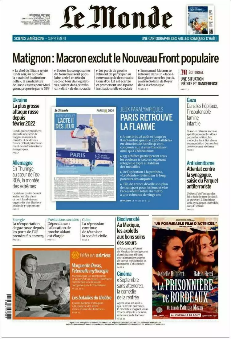 Prima-pagina-le monde-edizione-di-oggi-2024-08-28