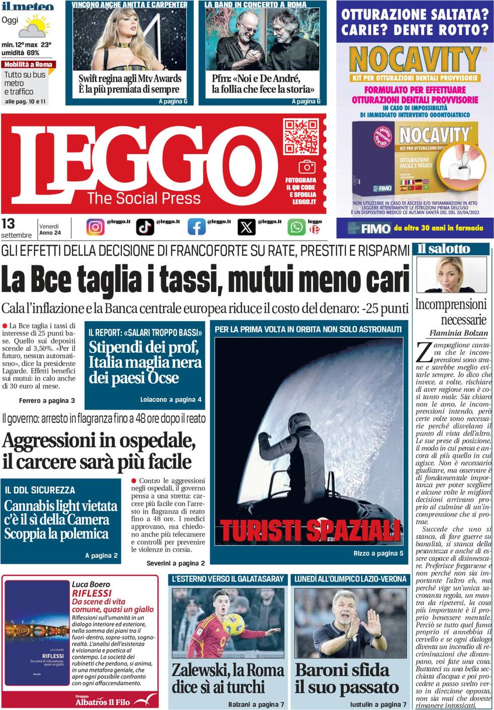 Prima-pagina-leggo-edizione-di-oggi-13-09-2024