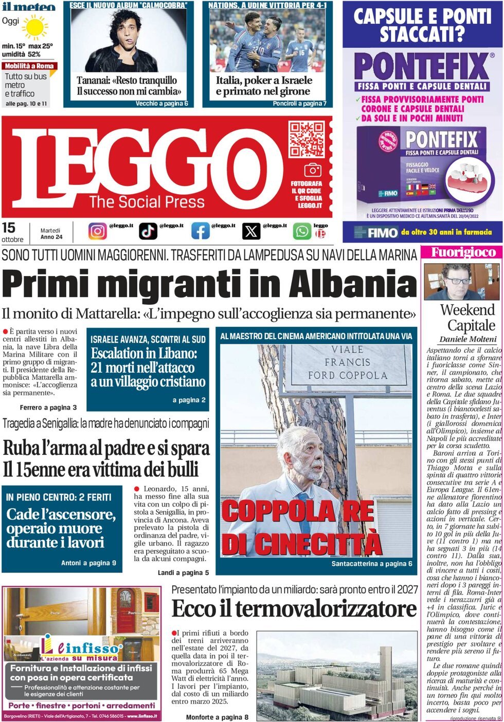 Prima-pagina-leggo-edizione-di-oggi-15-10-2024