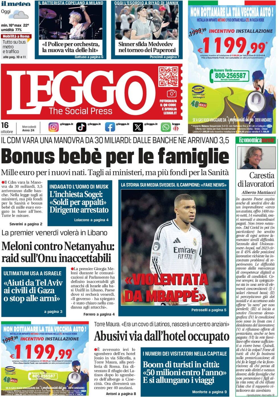 Prima-pagina-leggo-edizione-di-oggi-16-10-2024