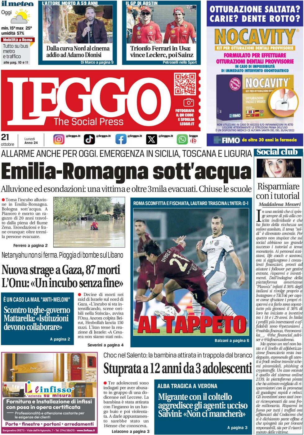 Prima-pagina-leggo-edizione-di-oggi-21-10-2024