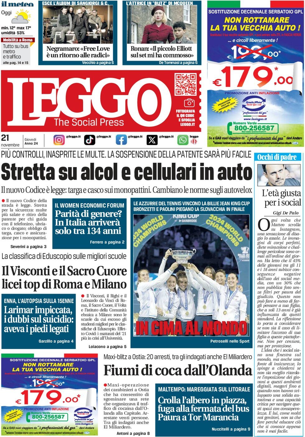 Prima-pagina-leggo-edizione-di-oggi-21-11-2024