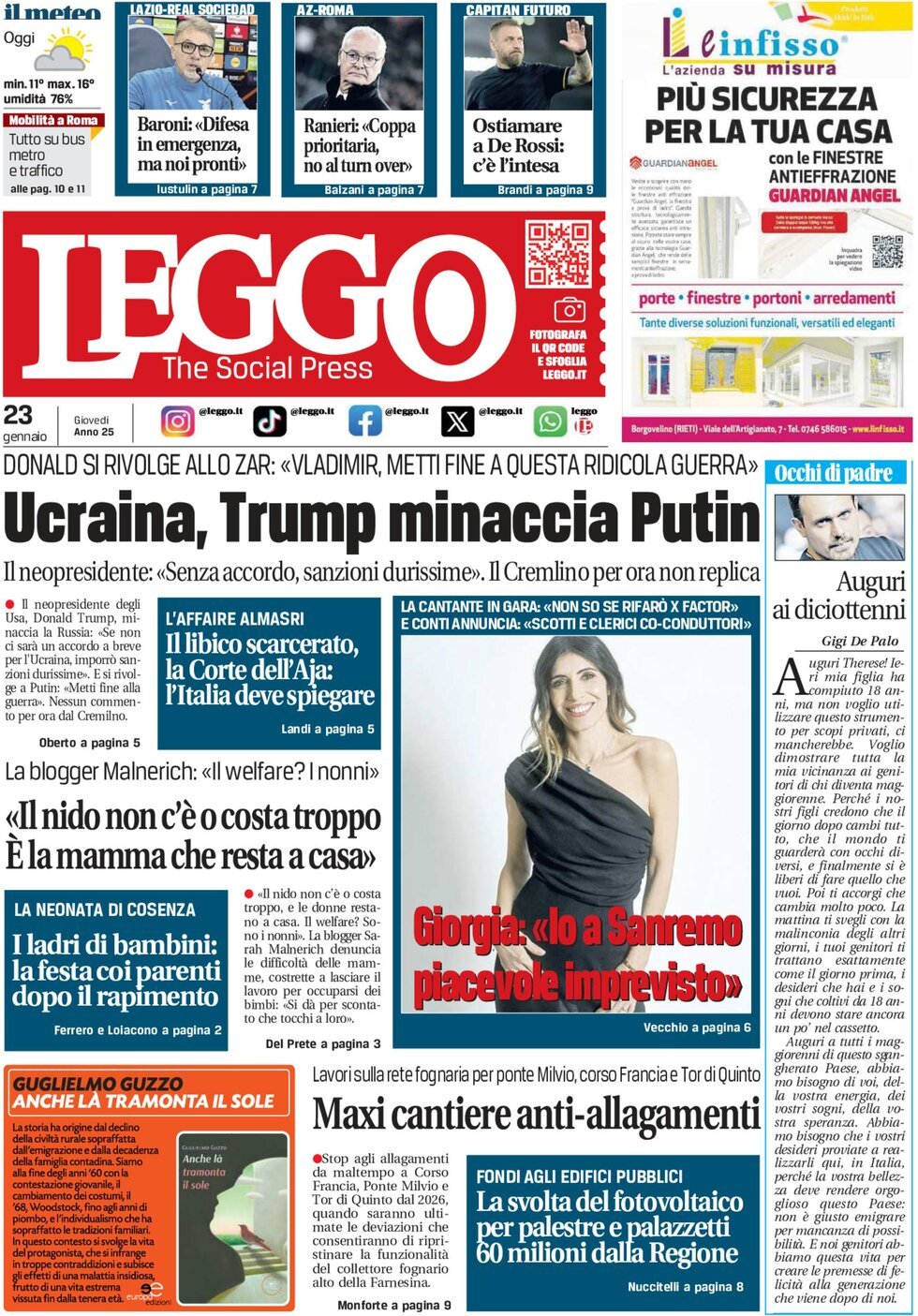 Prima-pagina-leggo-edizione-di-oggi-23-01-2025