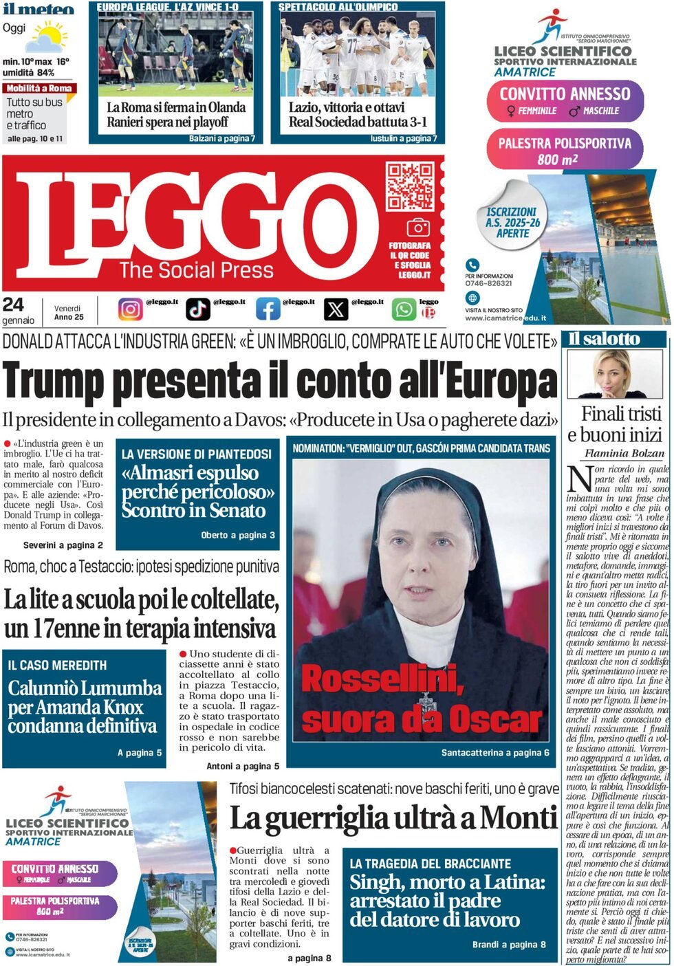 Prima-pagina-leggo-edizione-di-oggi-24-01-2025