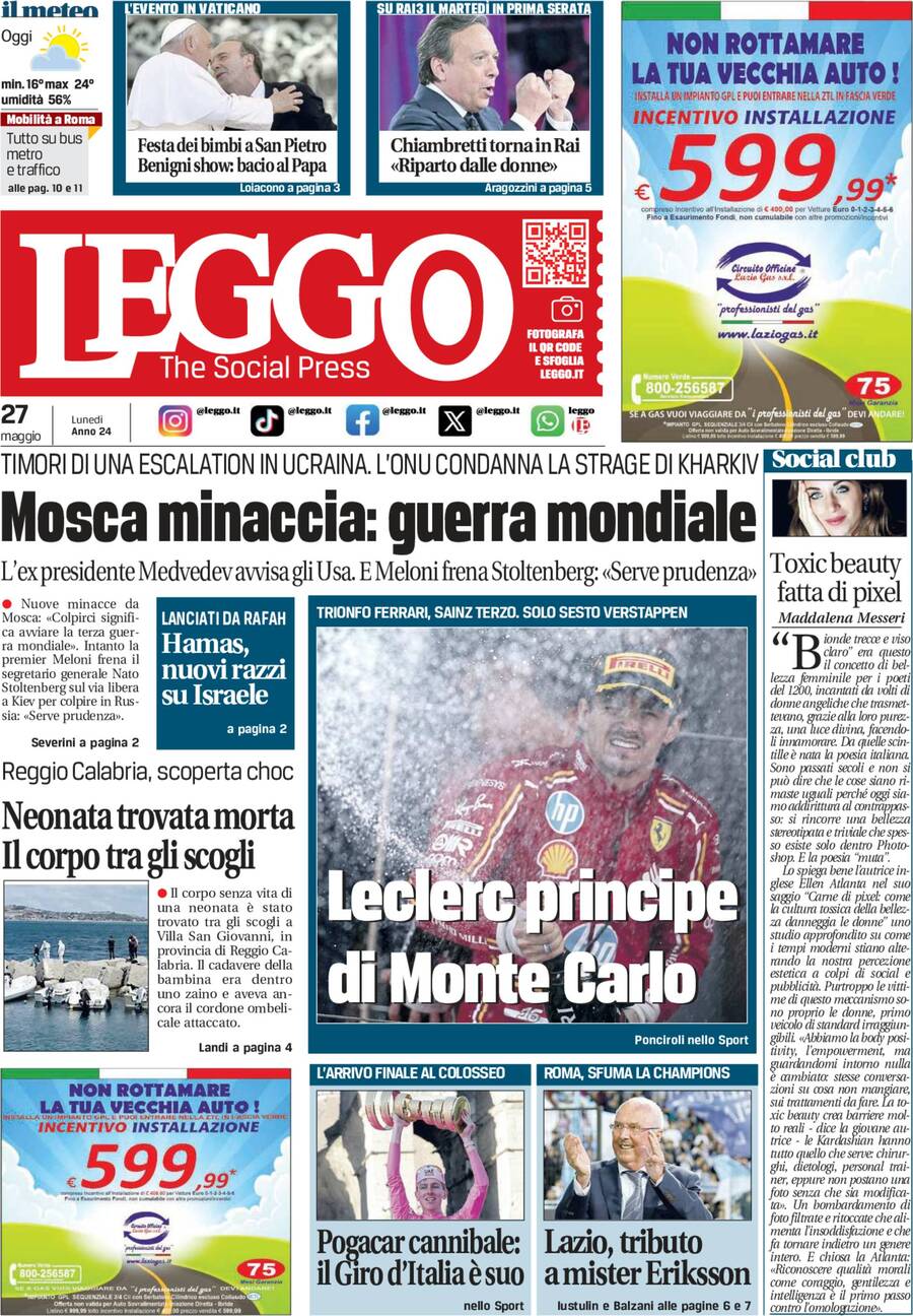 Prima-pagina-leggo-edizione-di-oggi-27-05-2024