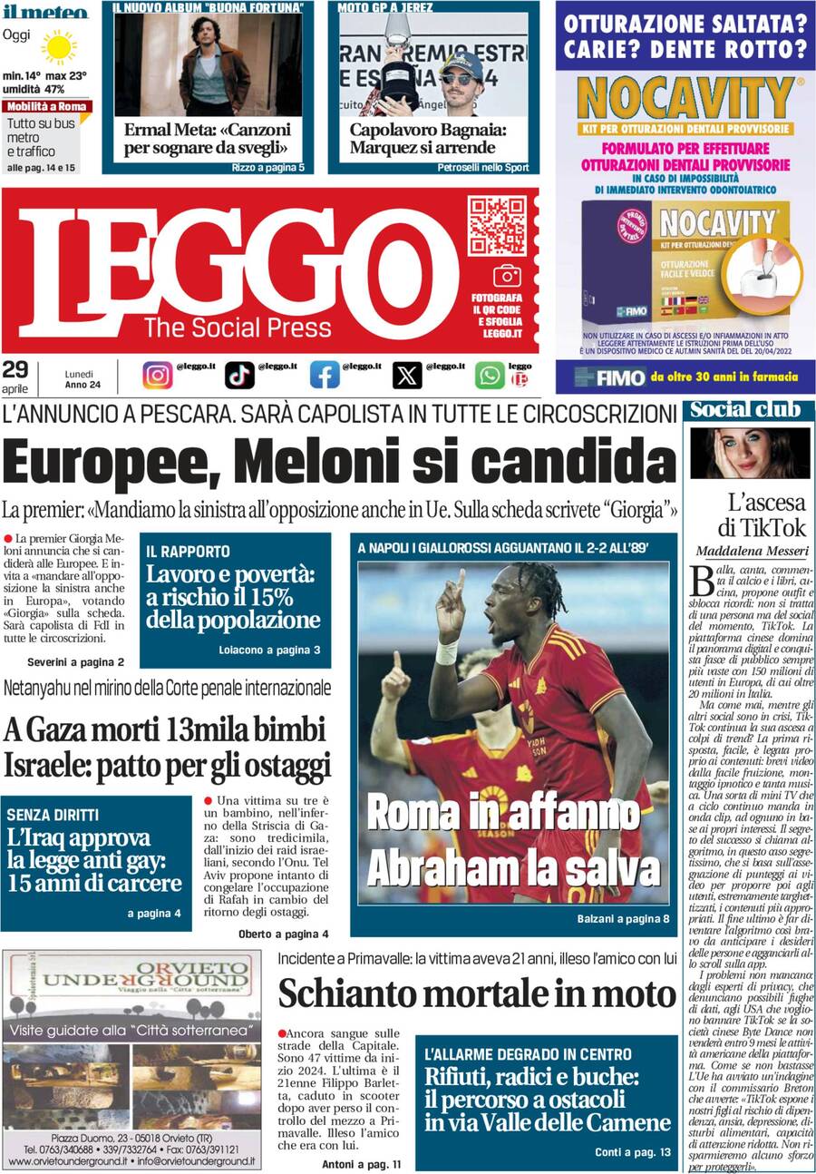 Prima-pagina-leggo-edizione-di-oggi-29-04-2024