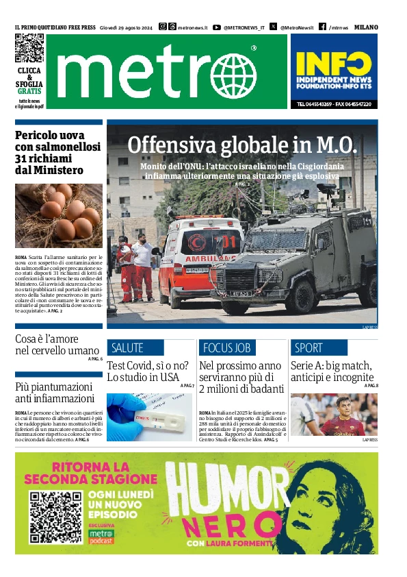 Prima-pagina-metro-milano-edizione-di-oggi-2024-08-29