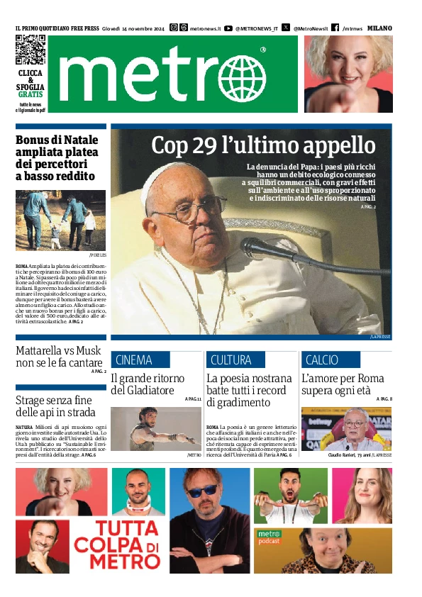 Prima-pagina-metro-milano-edizione-di-oggi-2024-11-14