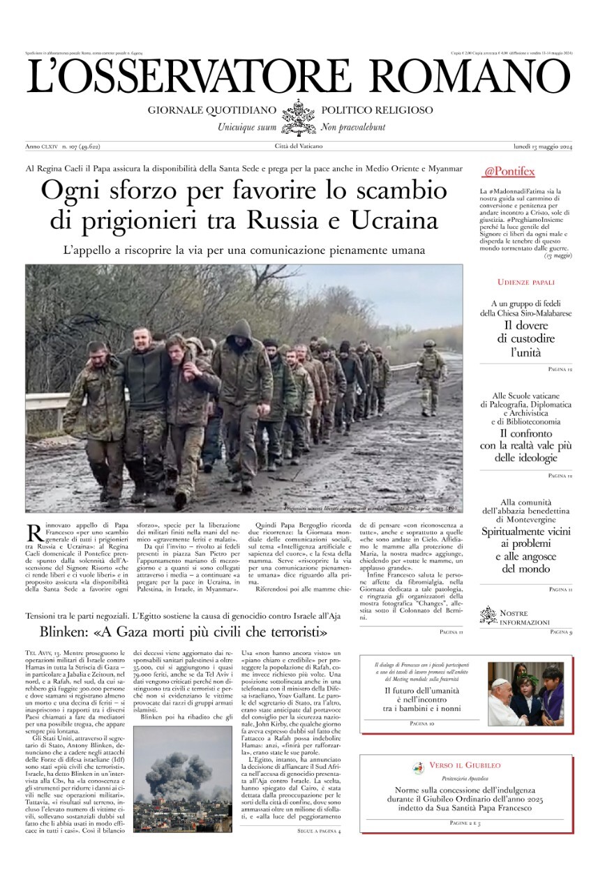 Prima-pagina-orservatore-romano-edizione-di-oggi-13-05-2024