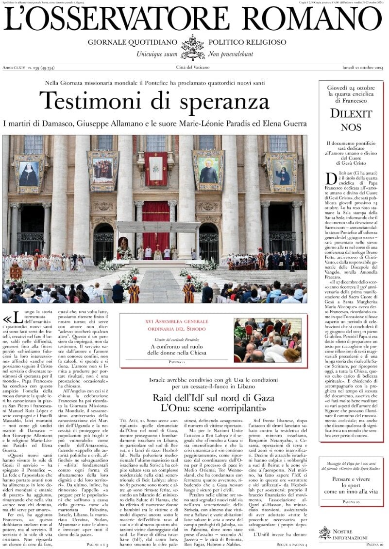 Prima-pagina-orservatore-romano-edizione-di-oggi-21-10-2024