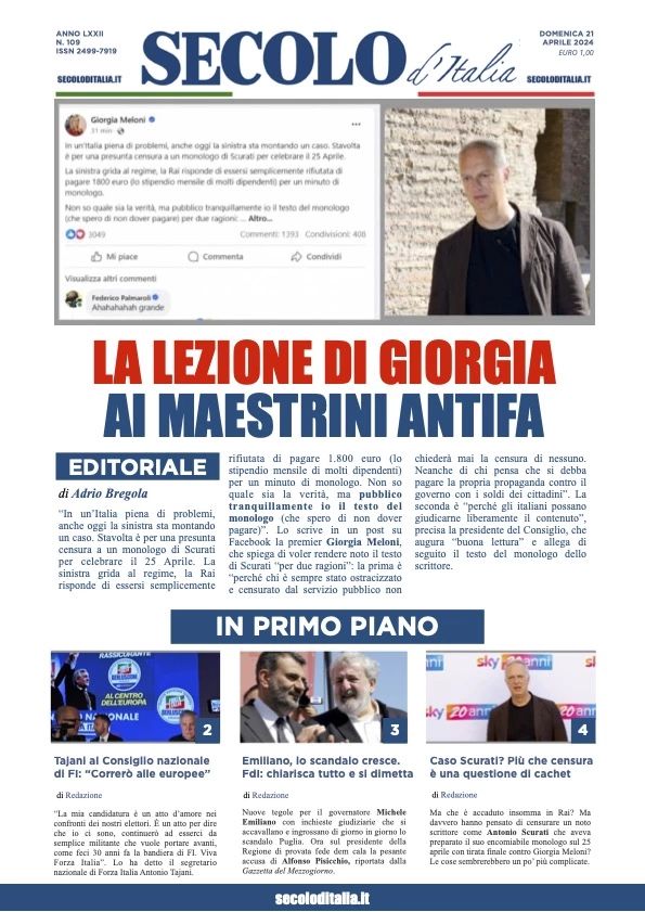 Prima-pagina-secolo-d-italia-edizione-di-oggi-21-04-2024