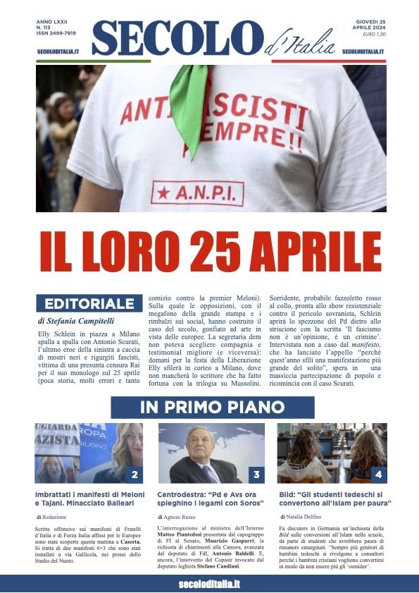 Prima-pagina-secolo-d-italia-edizione-di-oggi-25-04-2024