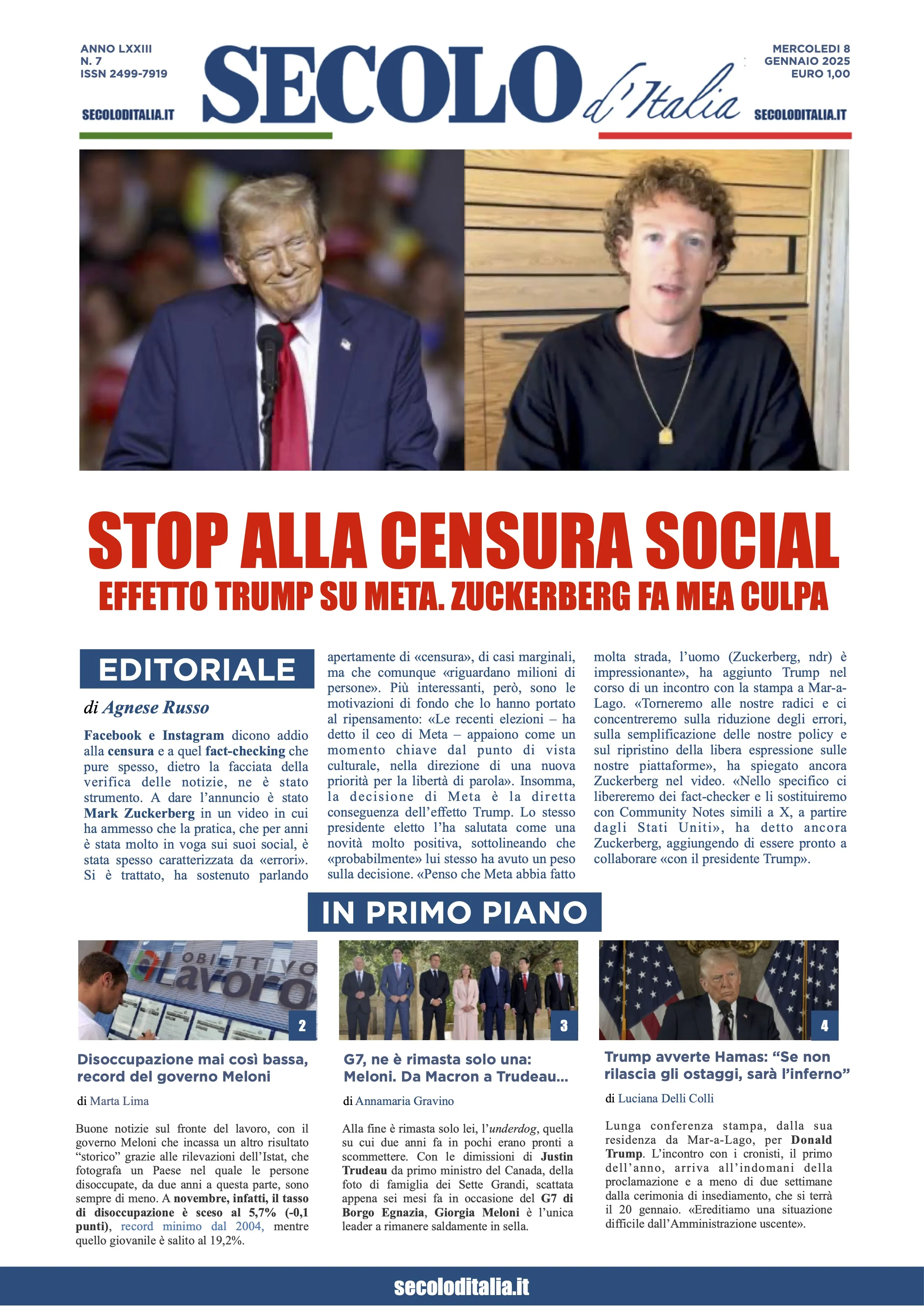 Prima-pagina-secolo-italia-oggi-edizione-di-oggi-08-01-2025