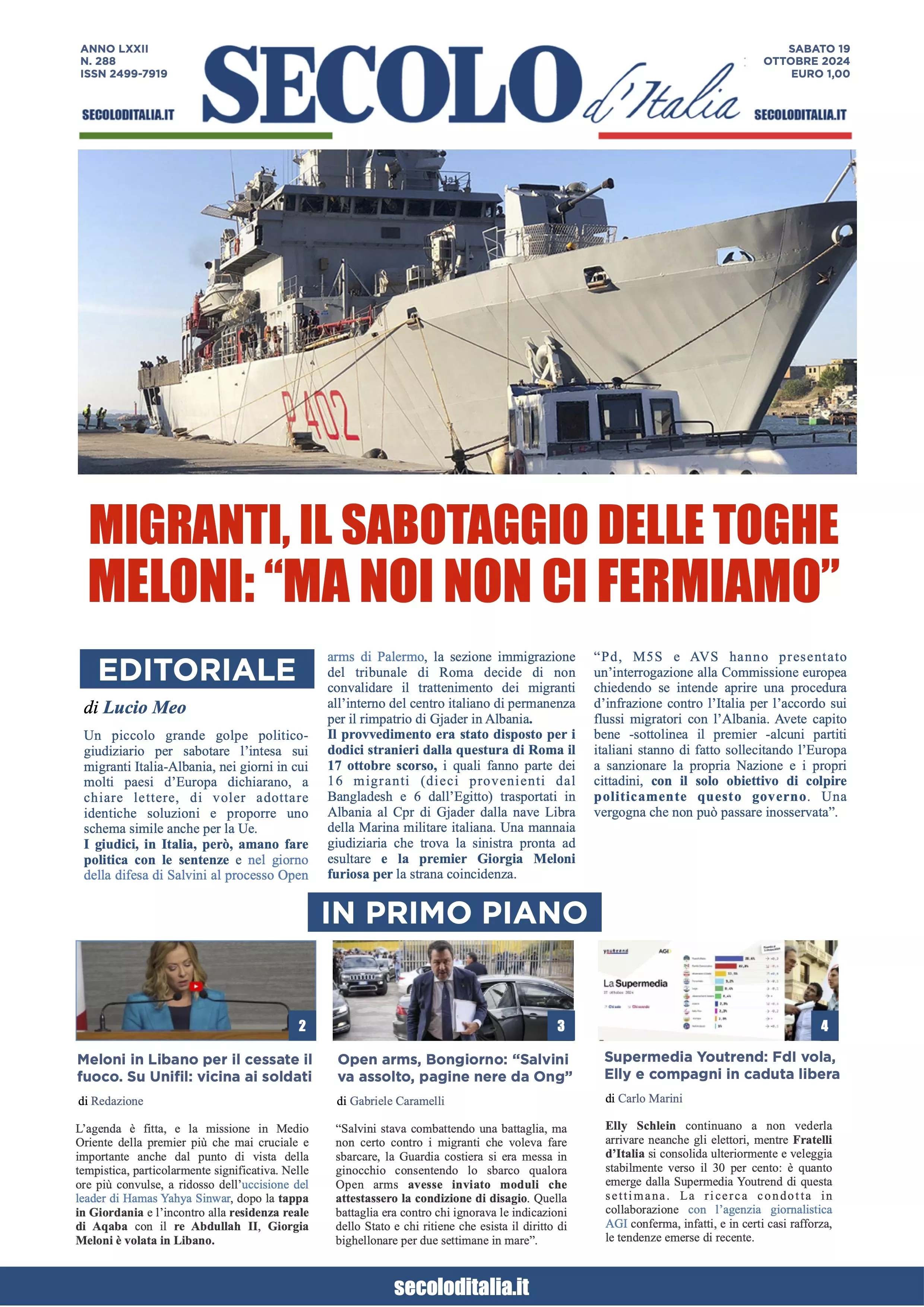 Prima-pagina-secolo-italia-oggi-edizione-di-oggi-19-10-2024