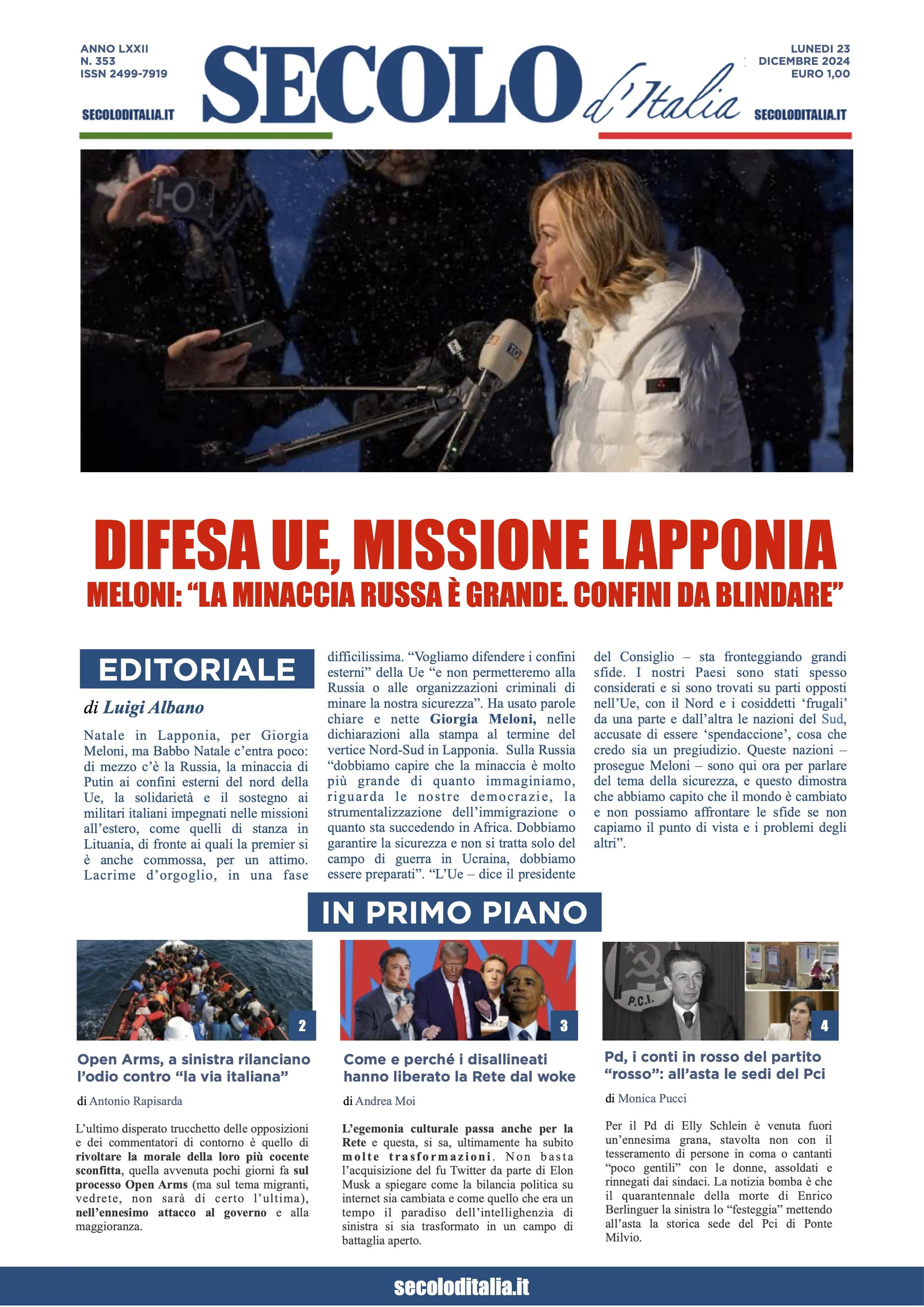 Prima-pagina-secolo-italia-oggi-edizione-di-oggi-23-12-2024