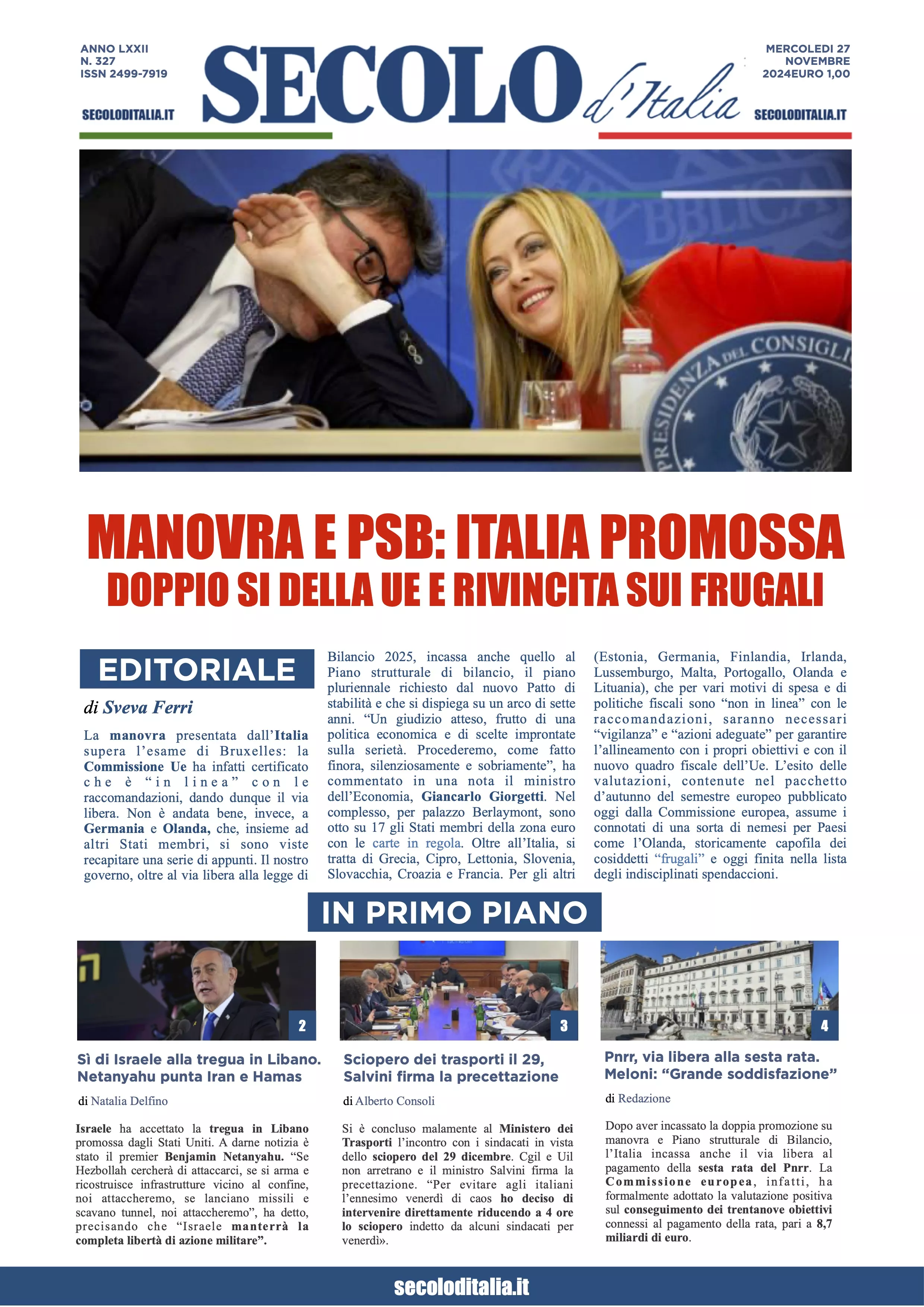 Prima-pagina-secolo-italia-oggi-edizione-di-oggi-27-11-2024