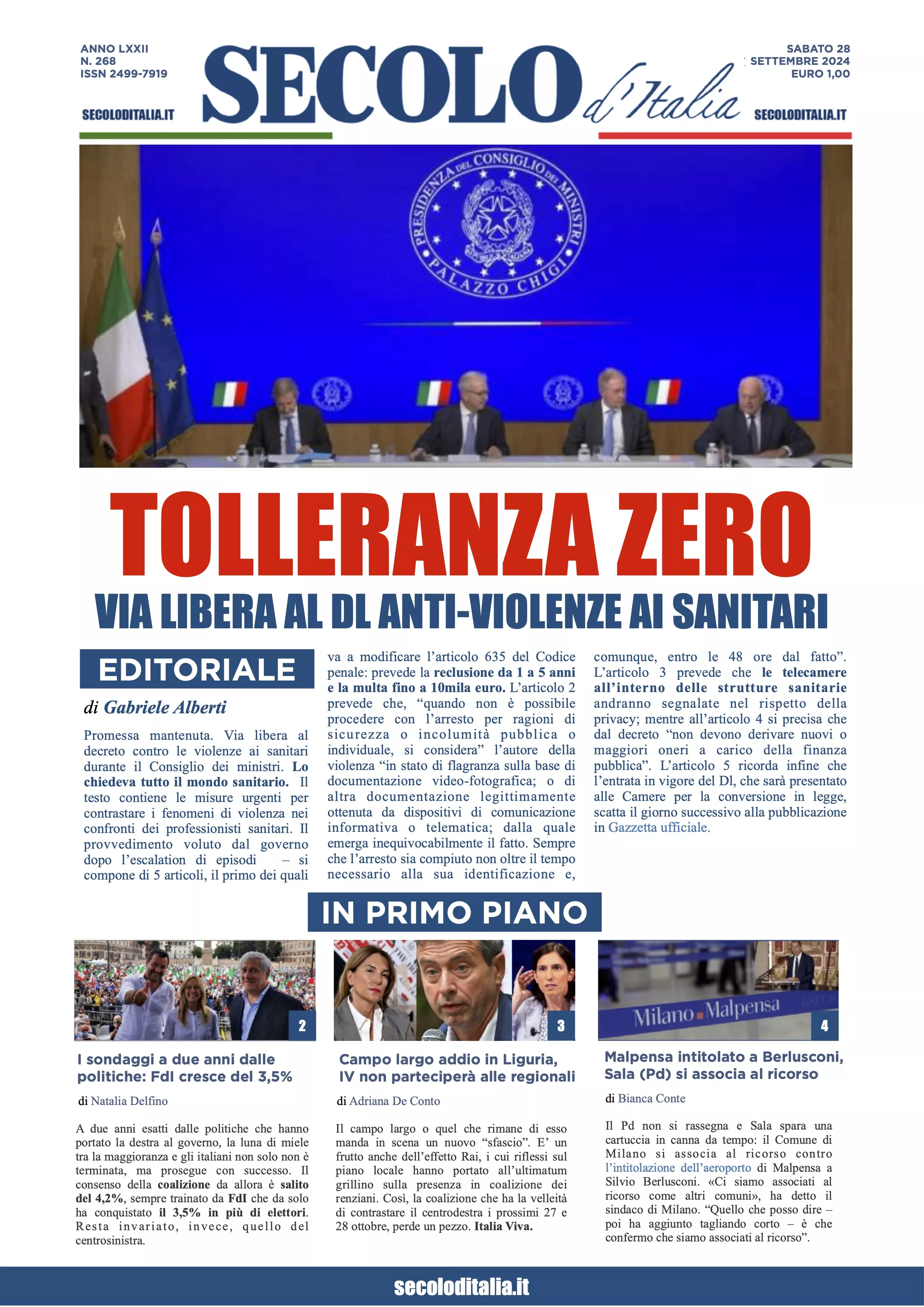 Prima-pagina-secolo-italia-oggi-edizione-di-oggi-28-09-2024