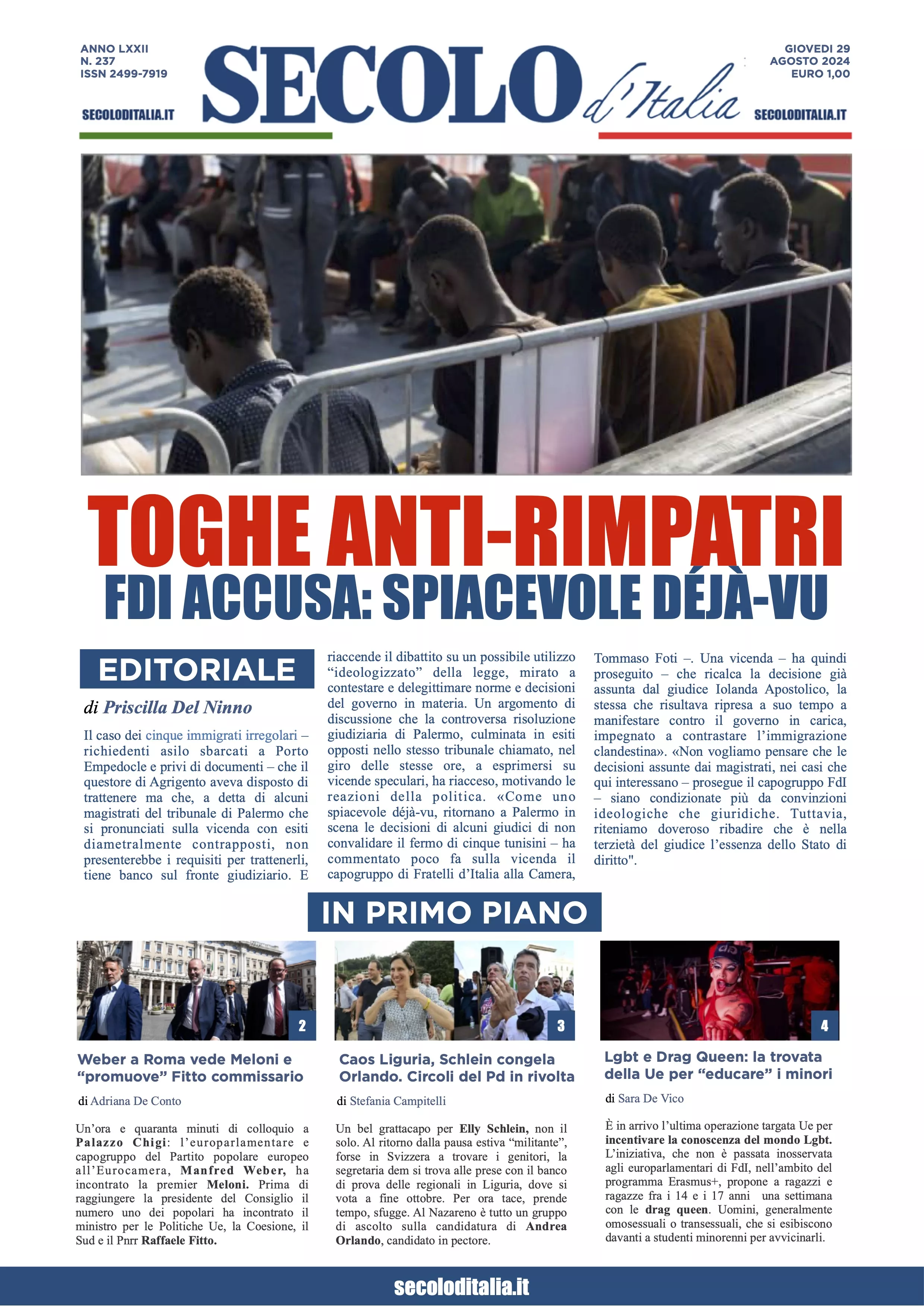 Prima-pagina-secolo-italia-oggi-edizione-di-oggi-29-08-2024