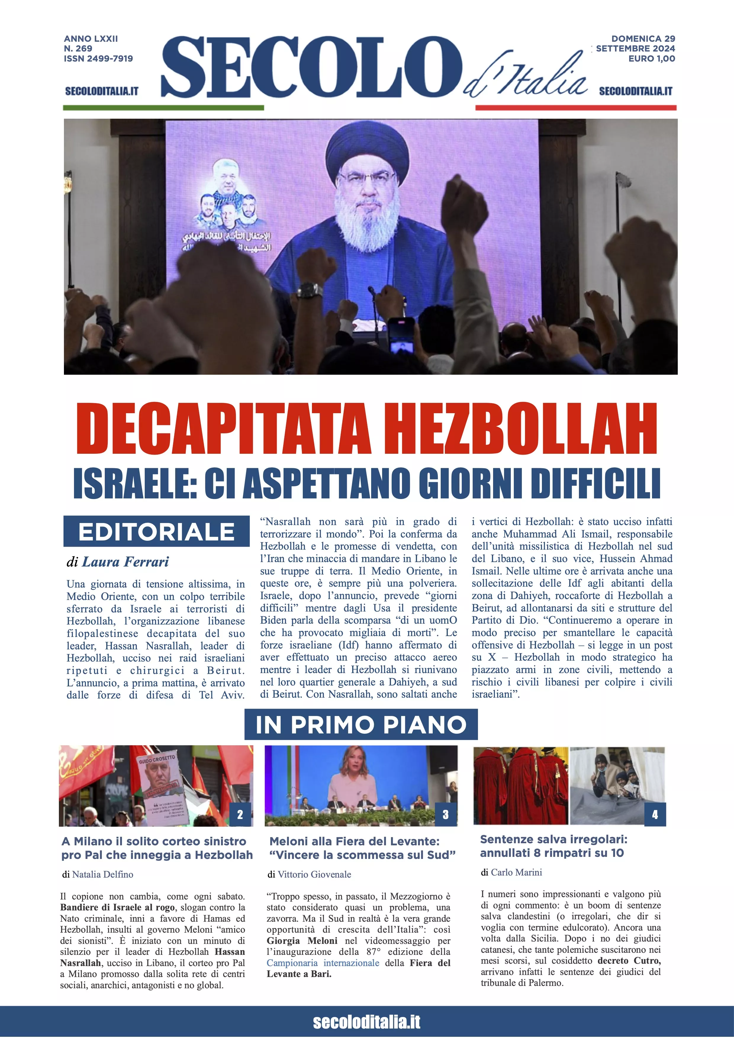 Prima-pagina-secolo-italia-oggi-edizione-di-oggi-29-09-2024