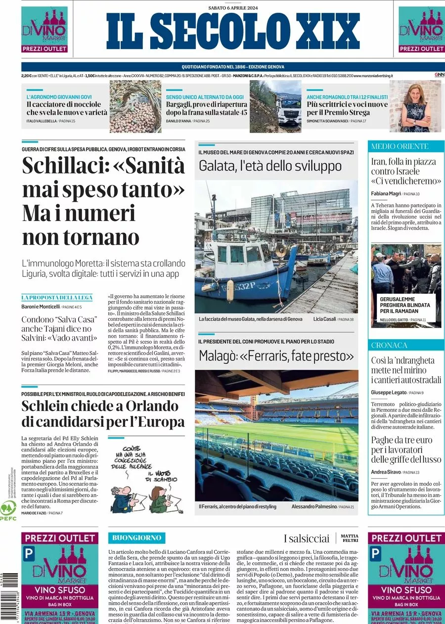 Prima-pagina-secolo-xix-editoriale-oggi-edizione-di-oggi-06-04-2024