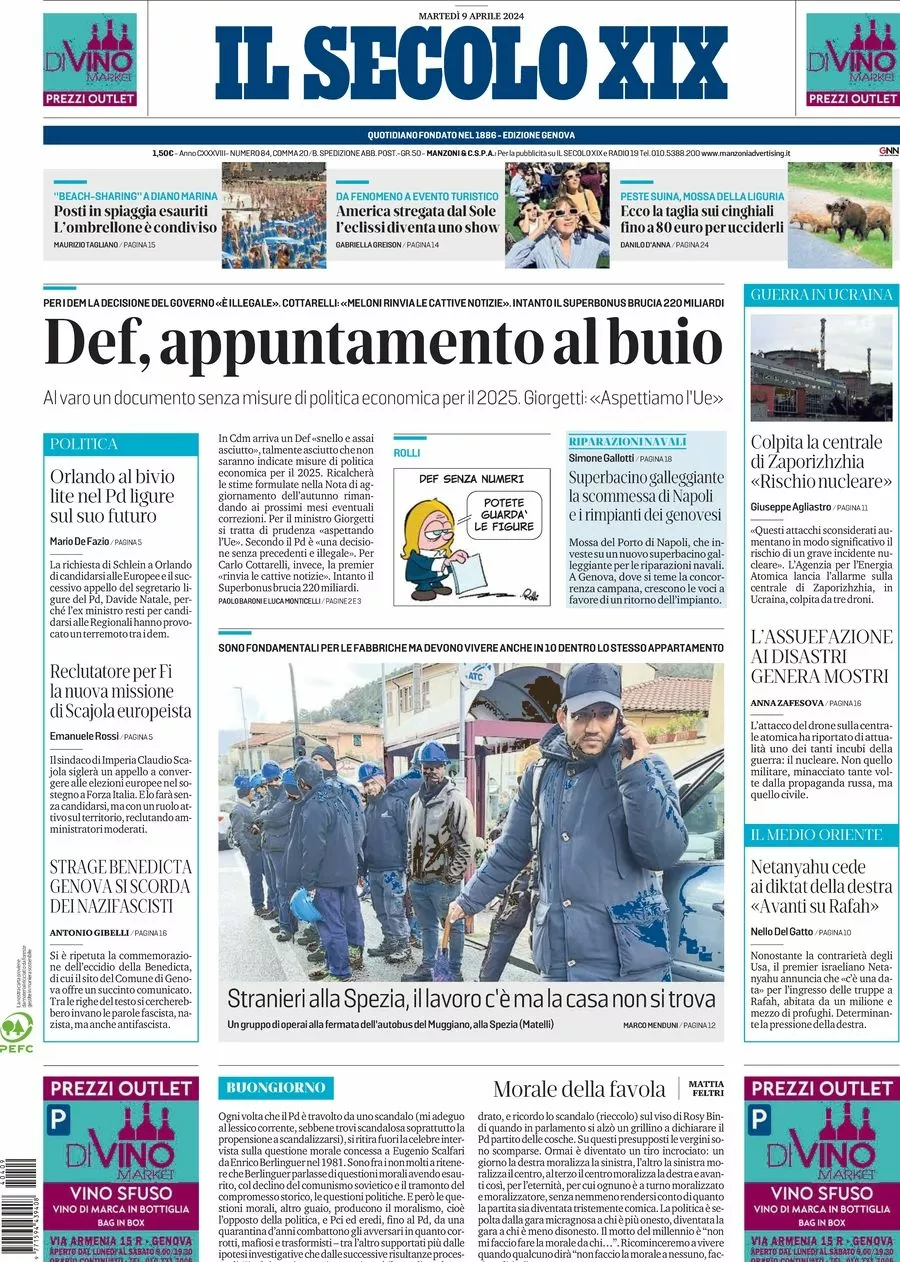 Prima-pagina-secolo-xix-editoriale-oggi-edizione-di-oggi-09-04-2024