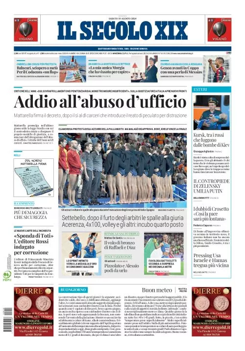 Prima-pagina-secolo-xix-editoriale-oggi-edizione-di-oggi-10-08-2024