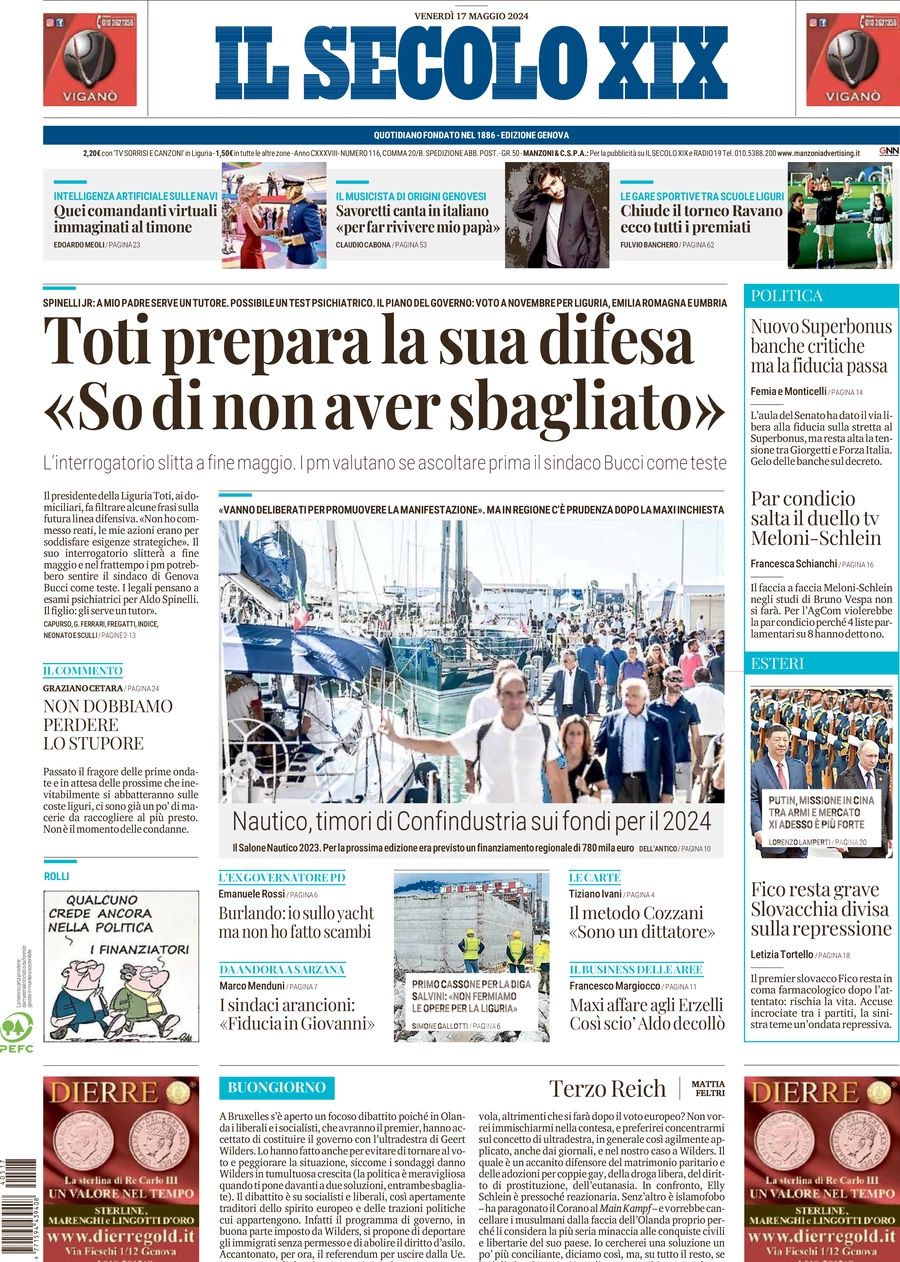 Prima-pagina-secolo-xix-editoriale-oggi-edizione-di-oggi-17-05-2024