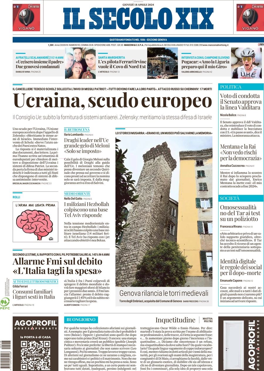 Prima-pagina-secolo-xix-editoriale-oggi-edizione-di-oggi-18-04-2024