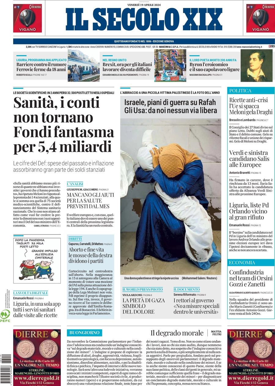 Prima-pagina-secolo-xix-editoriale-oggi-edizione-di-oggi-19-04-2024