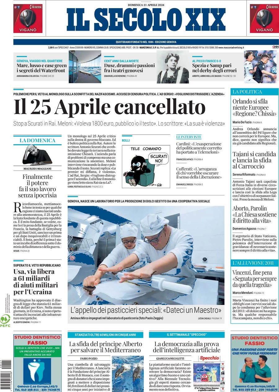 Prima-pagina-secolo-xix-editoriale-oggi-edizione-di-oggi-21-04-2024