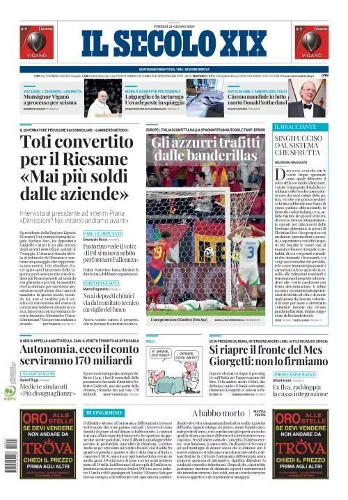 Prima-pagina-secolo-xix-editoriale-oggi-edizione-di-oggi-21-06-2024