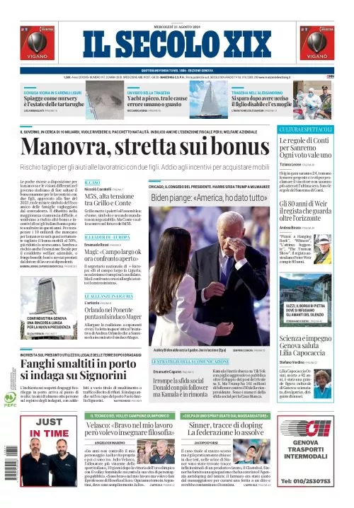 Prima-pagina-secolo-xix-editoriale-oggi-edizione-di-oggi-21-08-2024