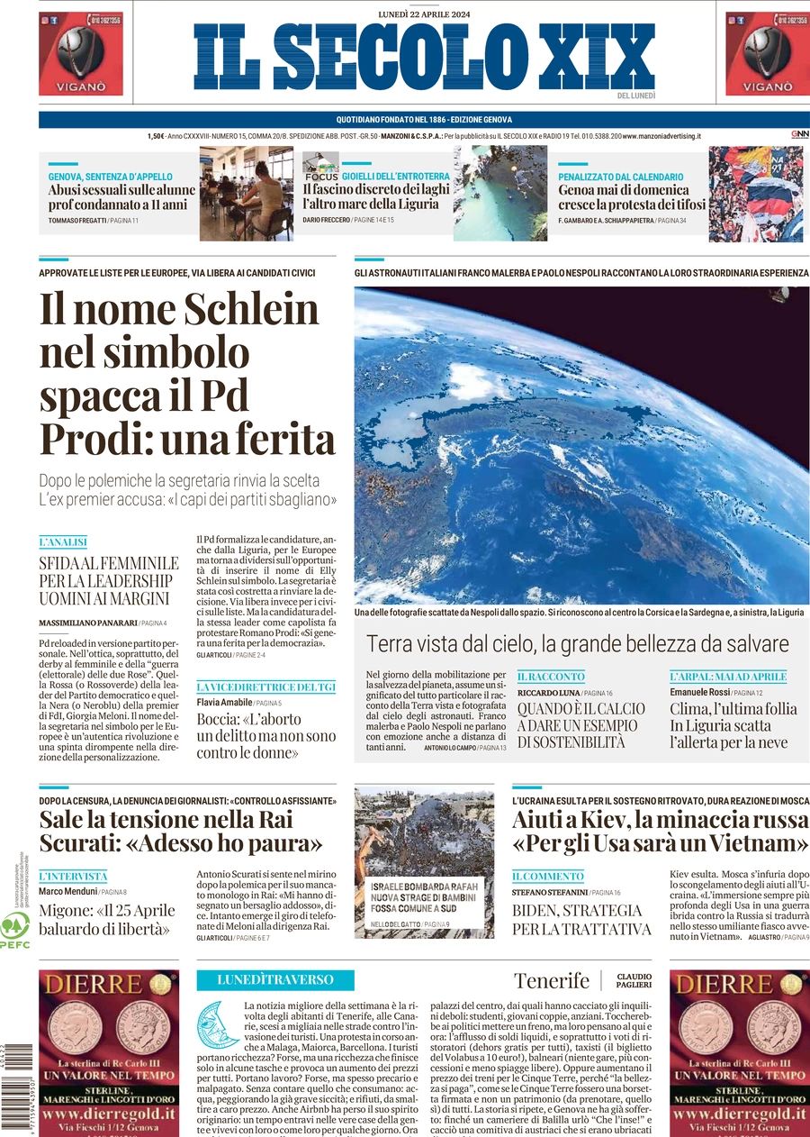 Prima-pagina-secolo-xix-editoriale-oggi-edizione-di-oggi-22-04-2024