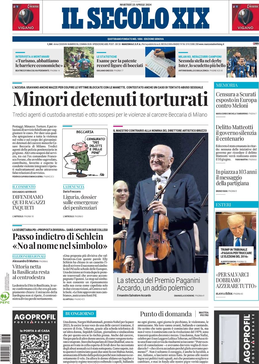 Prima-pagina-secolo-xix-editoriale-oggi-edizione-di-oggi-23-04-2024