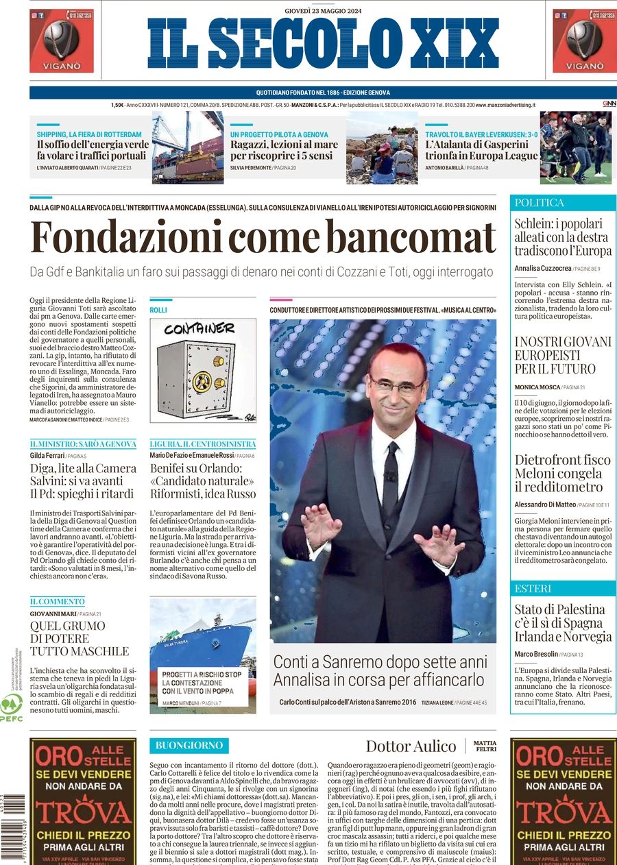 Prima-pagina-secolo-xix-editoriale-oggi-edizione-di-oggi-23-05-2024