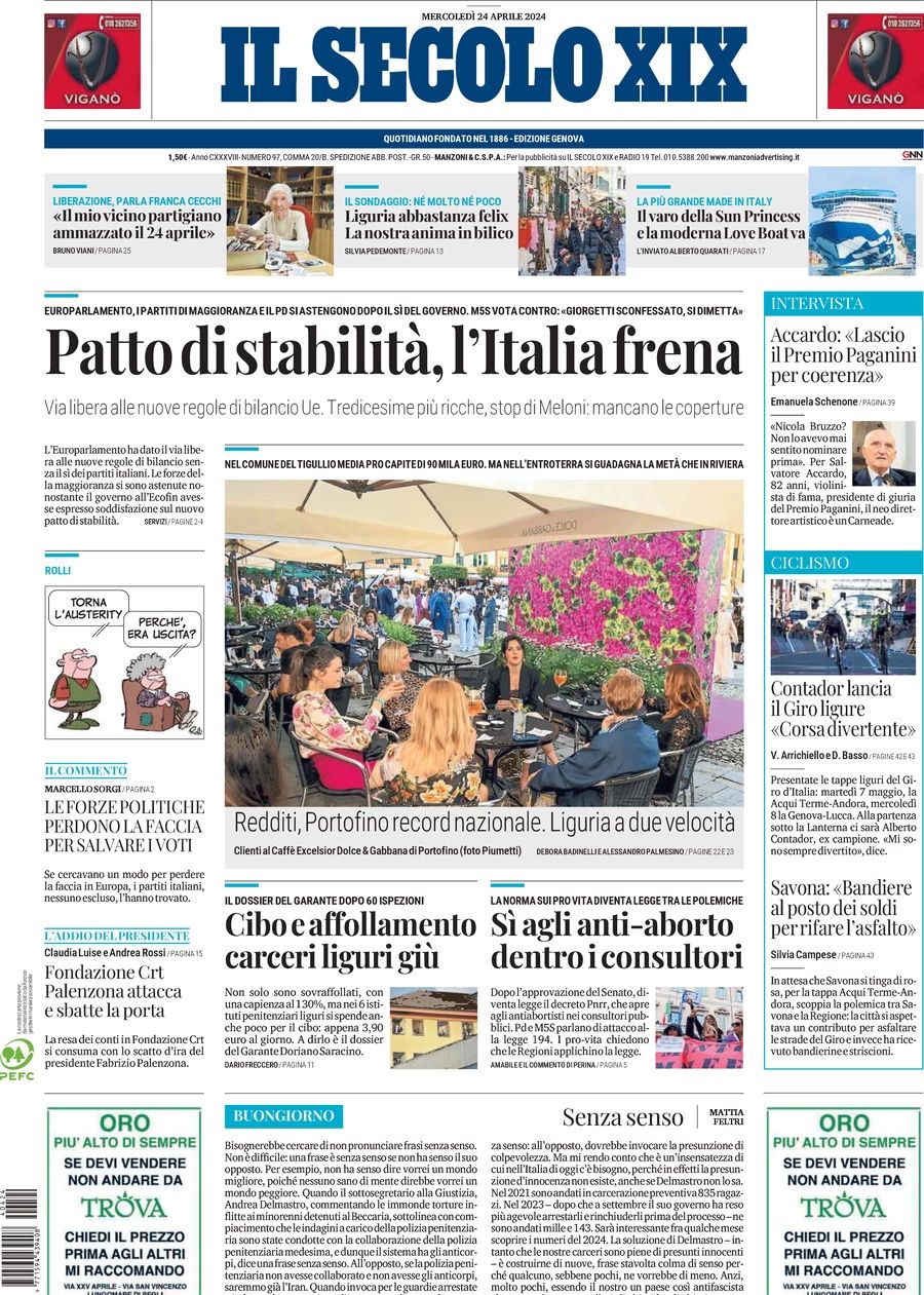 Prima-pagina-secolo-xix-editoriale-oggi-edizione-di-oggi-24-04-2024