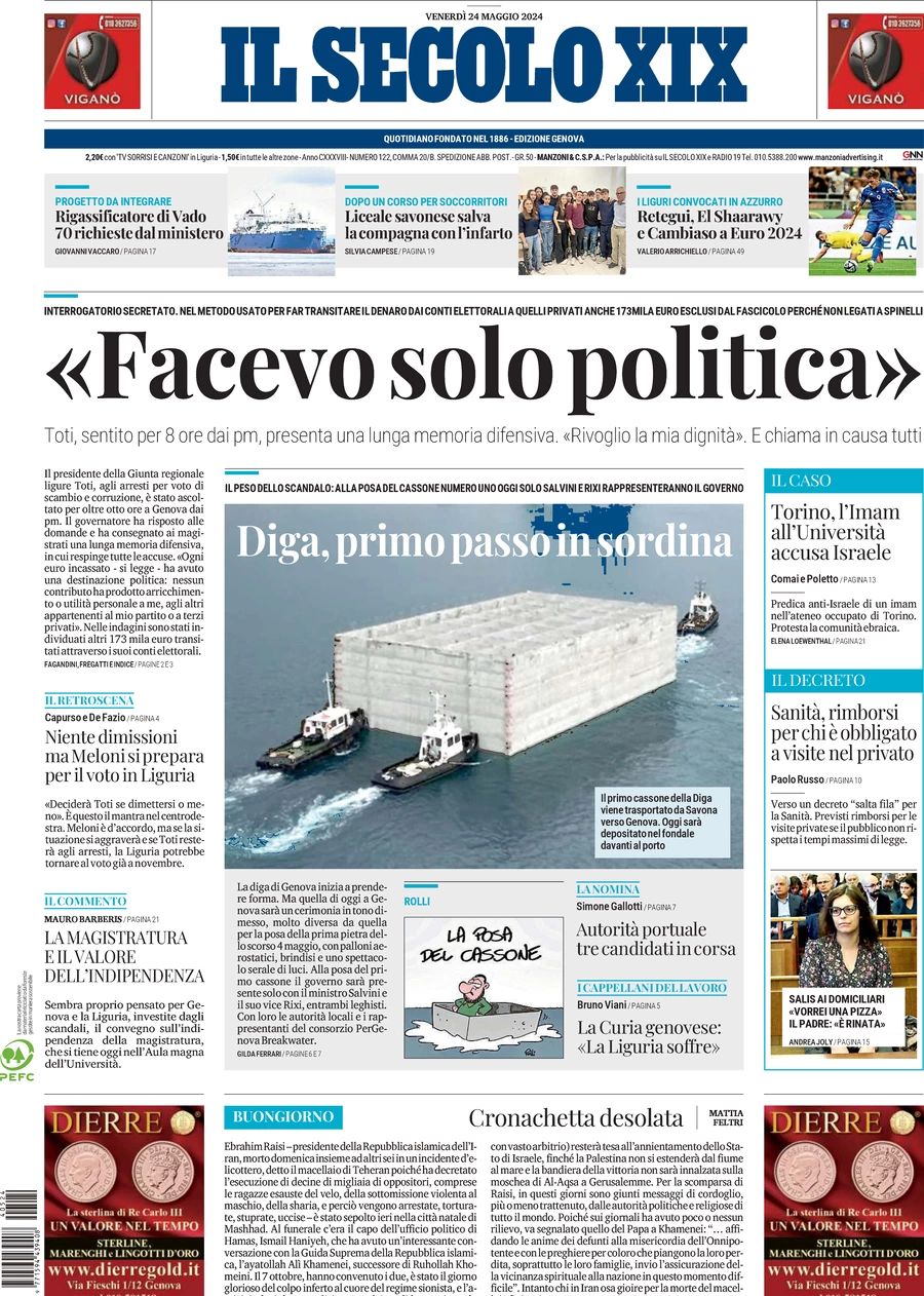 Prima-pagina-secolo-xix-editoriale-oggi-edizione-di-oggi-24-05-2024