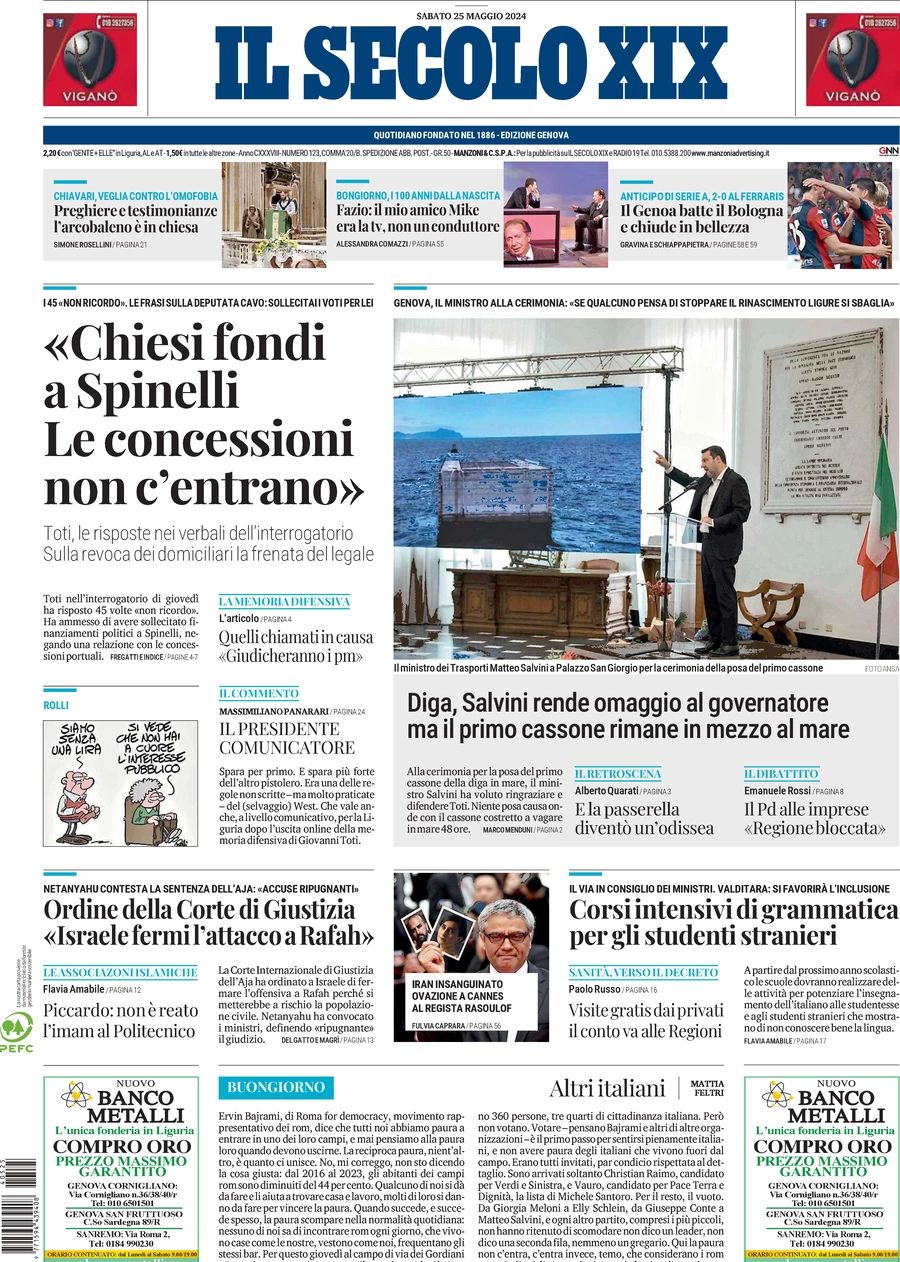 Prima-pagina-secolo-xix-editoriale-oggi-edizione-di-oggi-25-05-2024