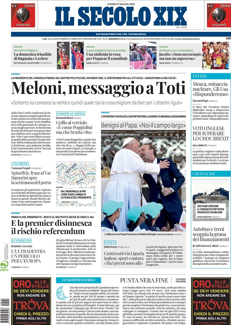 Prima-pagina-secolo-xix-editoriale-oggi-edizione-di-oggi-27-05-2024