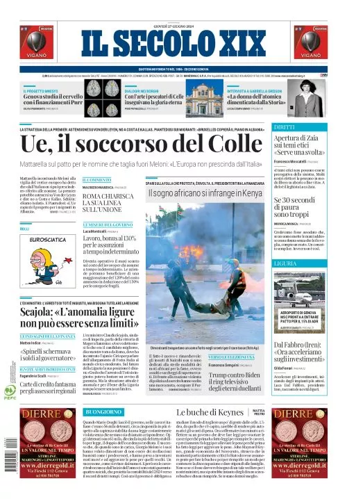 Prima-pagina-secolo-xix-editoriale-oggi-edizione-di-oggi-27-06-2024